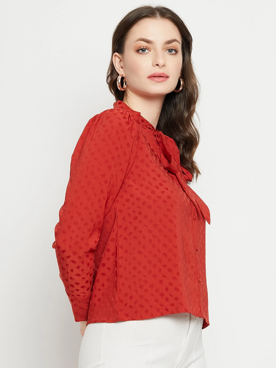 Sporty Comfort Madame Tie-Up Neck Solid Rust Orange Shirt