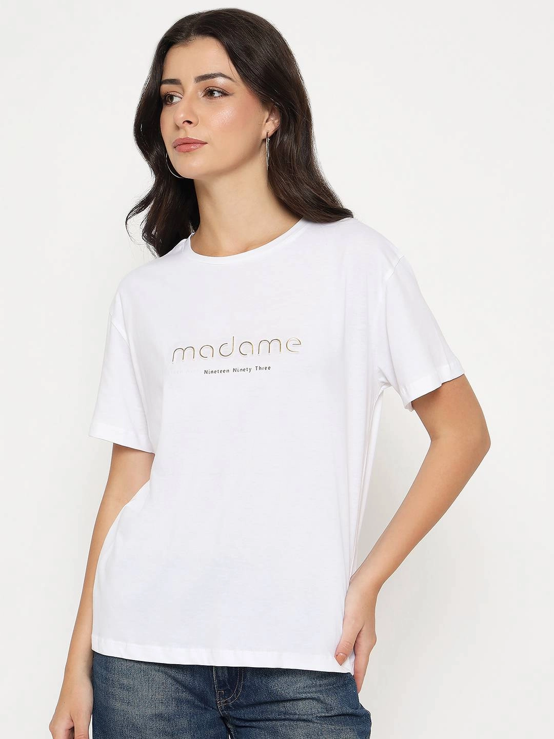 Madame Tyopgraphy Print White Cotton T-shirt HypoallergenicConstruction AllDay Comfort Tech