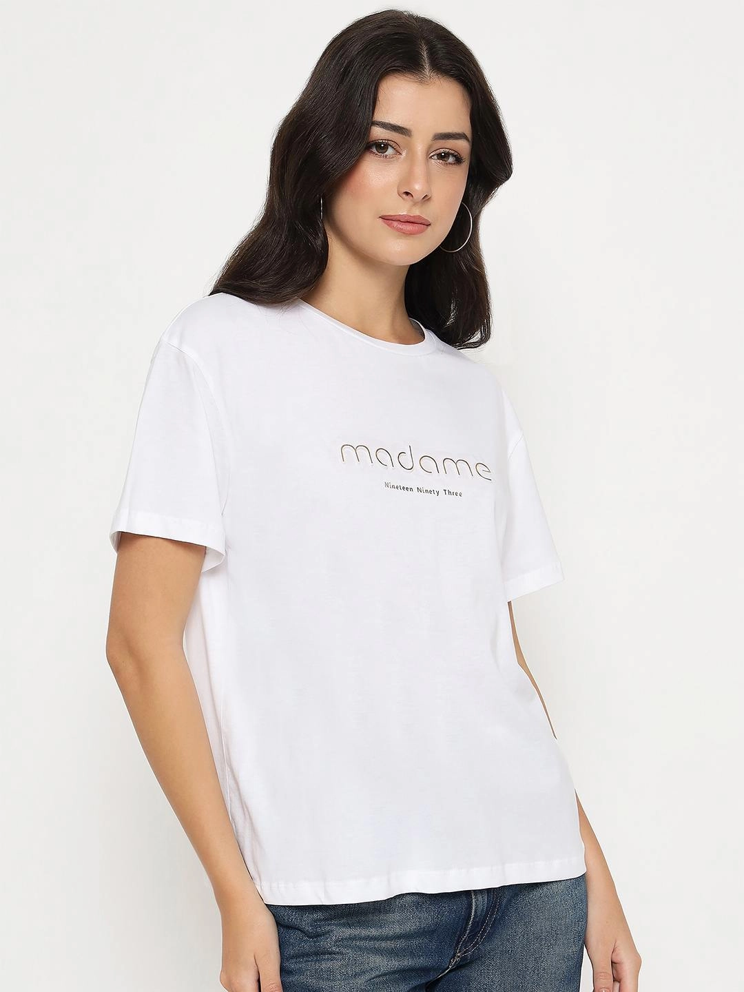 Lightweight Knit High Stretch Fabric Madame Tyopgraphy Print White Cotton T-shirt