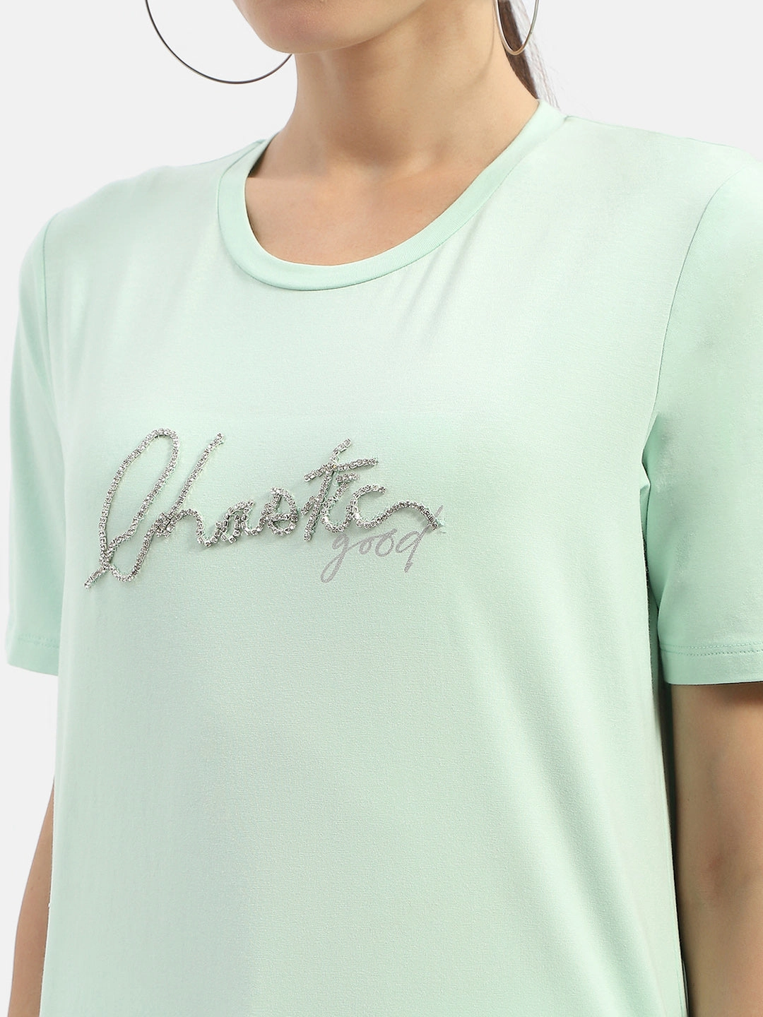 Madame Typography Mint Crew Neck T-Shirt MoistureControl AntiStatic Material