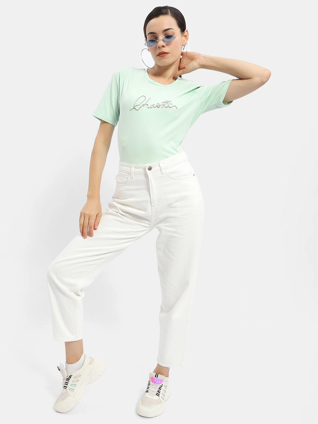 Madame Typography Mint Crew Neck T-Shirt Airy Mesh Lining