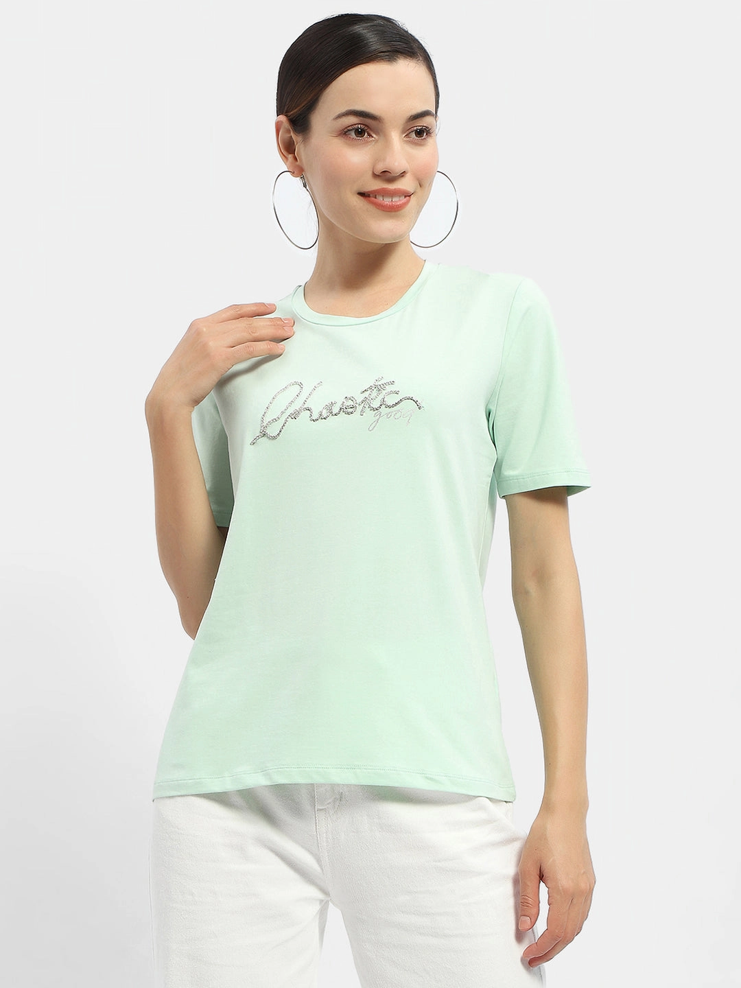Madame Typography Mint Crew Neck T-Shirt Durable Stitching HighNeck