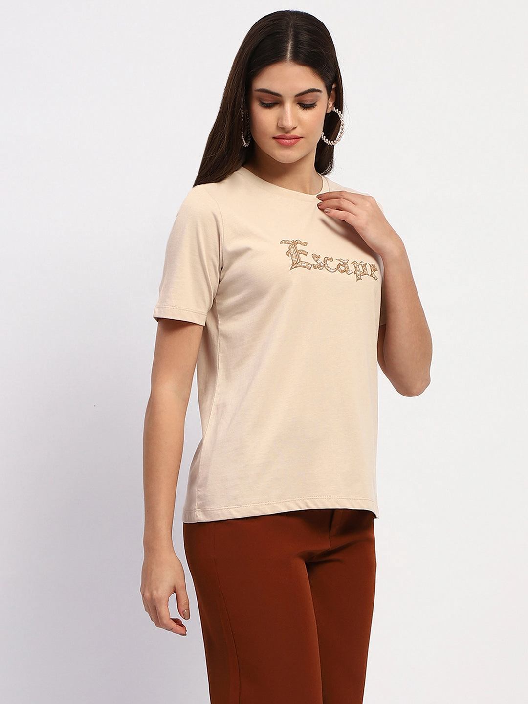 Madame Typography Print Crew Neck Cotton Beige Top DoubleStitching EasyCareFabric