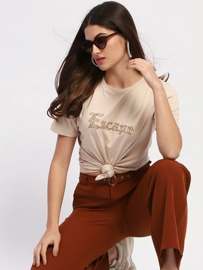 Madame Typography Print Crew Neck Cotton Beige Top Hidden Zipper Closure LowImpact Manufacturing