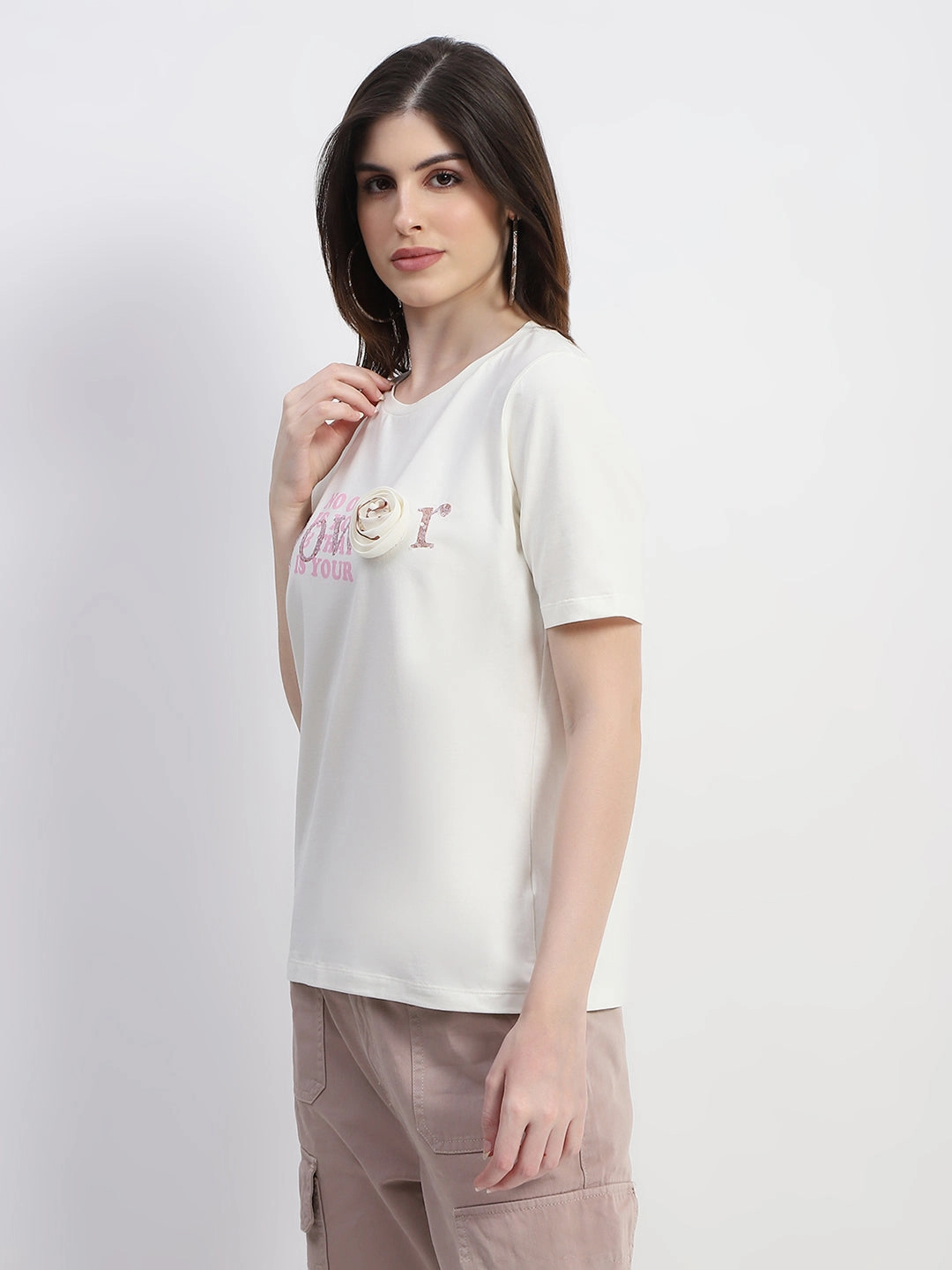 Madame Typography Print Off White Cotton T-Shirt TemperatureRegulating