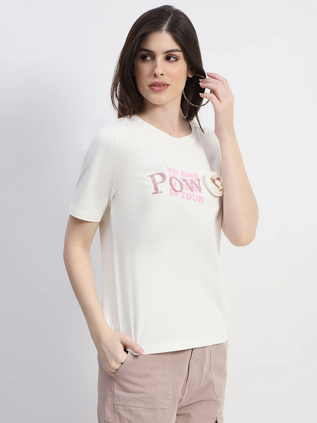 Stretchable Knit Madame Typography Print Off White Cotton T-Shirt