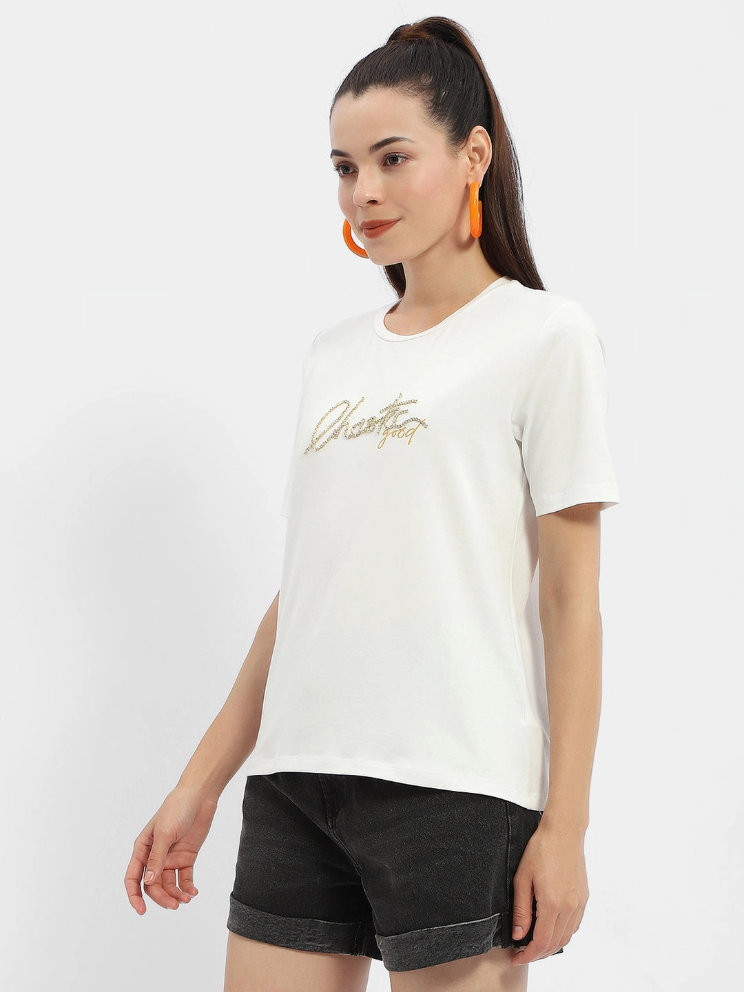 Oversized Silhouette Madame Typography White Crew Neck T-Shirt