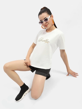 Reflective accents WaterResistant Madame Typography White Crew Neck T-Shirt