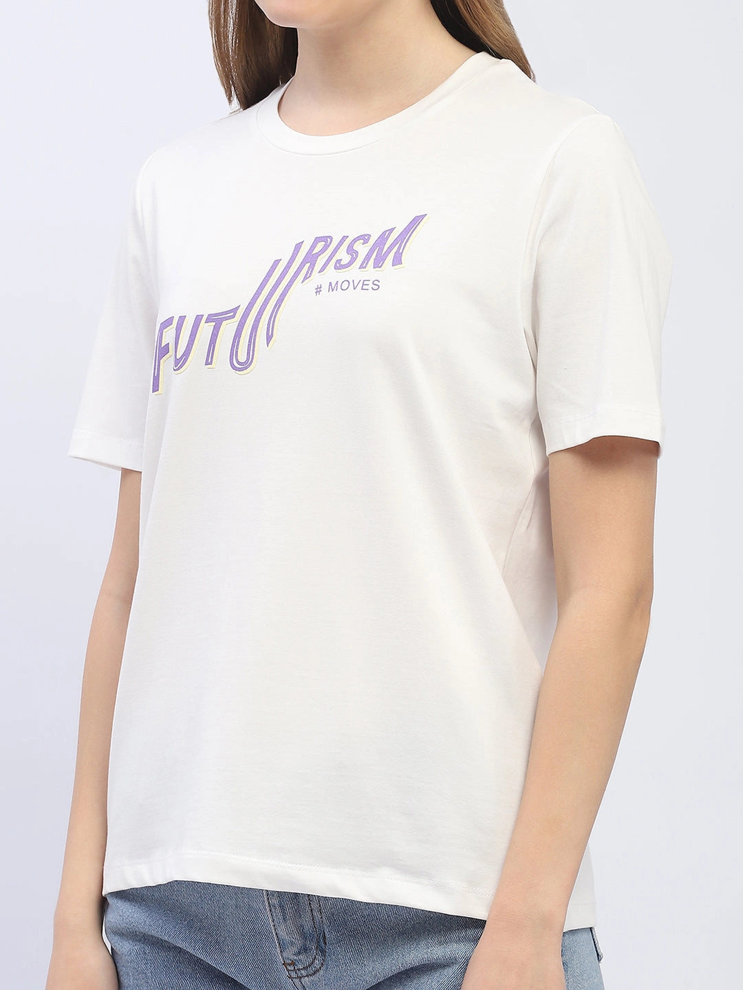 Madame Typography White Regular T-Shirt YarnDyeStripe Casual Long Sleeve