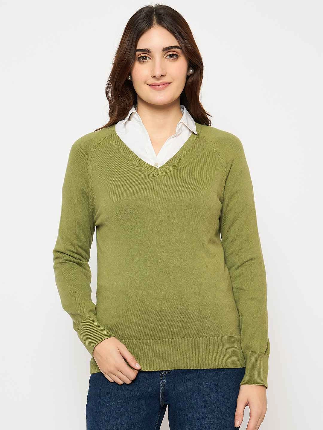 Classic Fit Madame V Neck Skinny Fit Olive Sweater