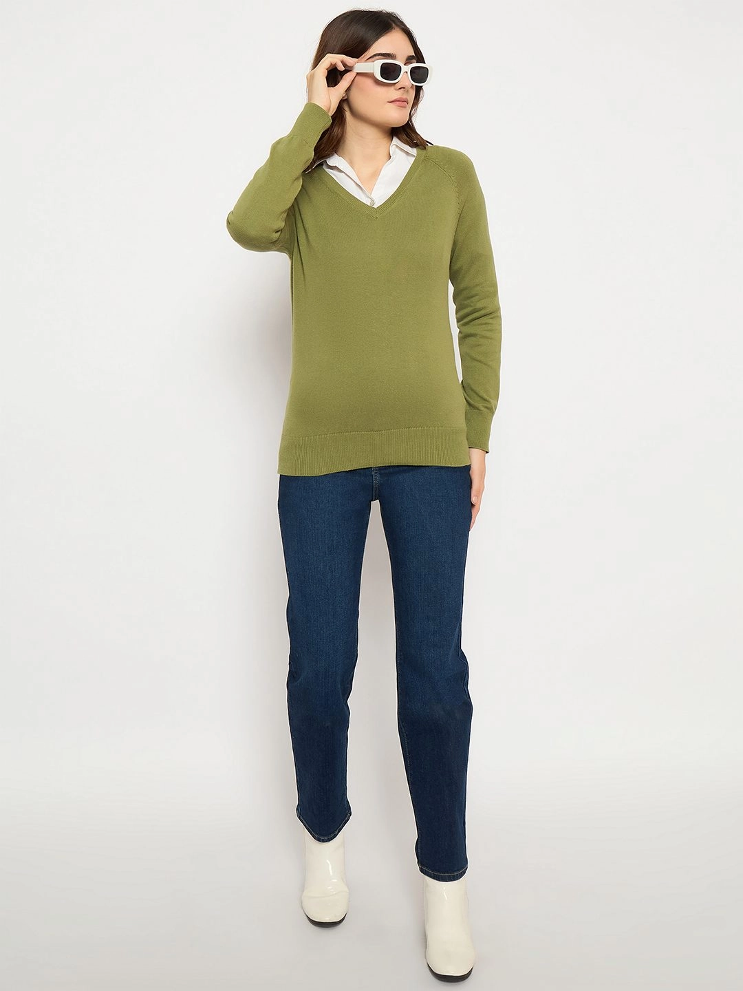 Madame V Neck Skinny Fit Olive Sweater Stretch Flex