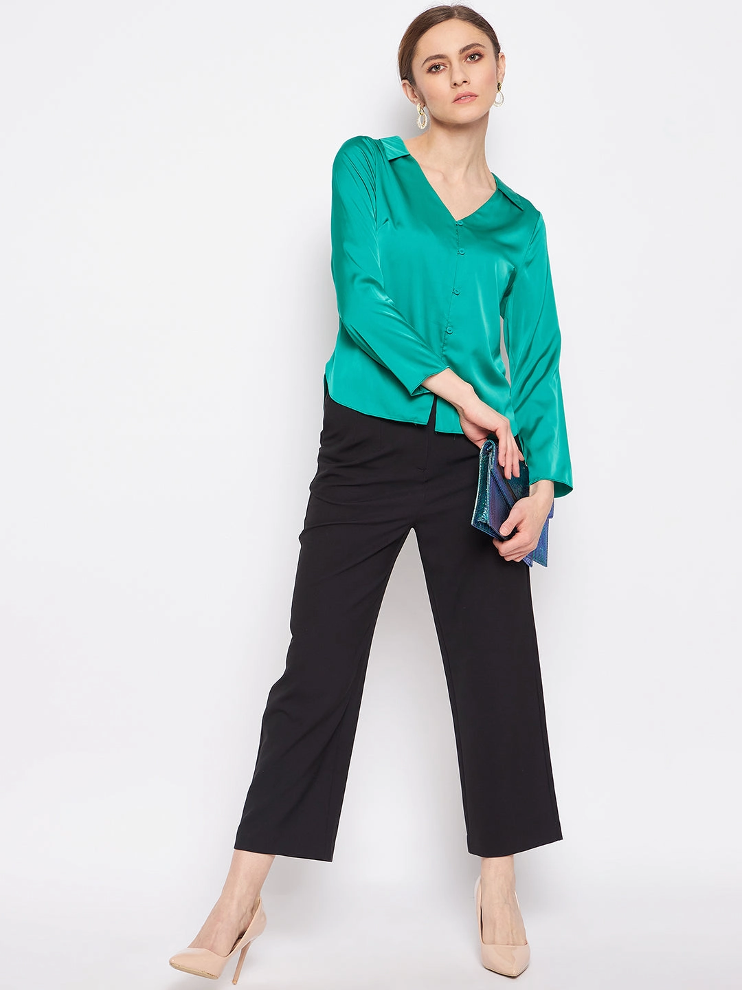 Trendy Look Madame V-Neck Solid Green Satin Shirt