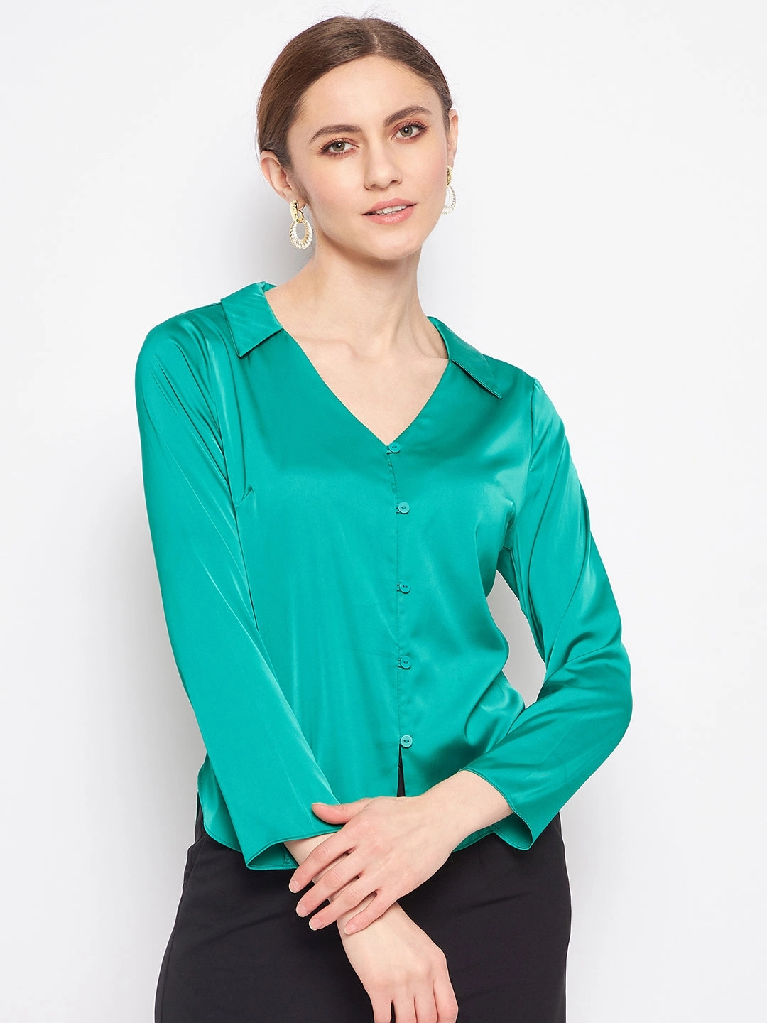 Essential Piece Madame V-Neck Solid Green Satin Shirt