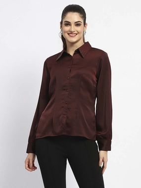 Formal Elegance Madame Wine Embellished Collar Button-Up Shirt