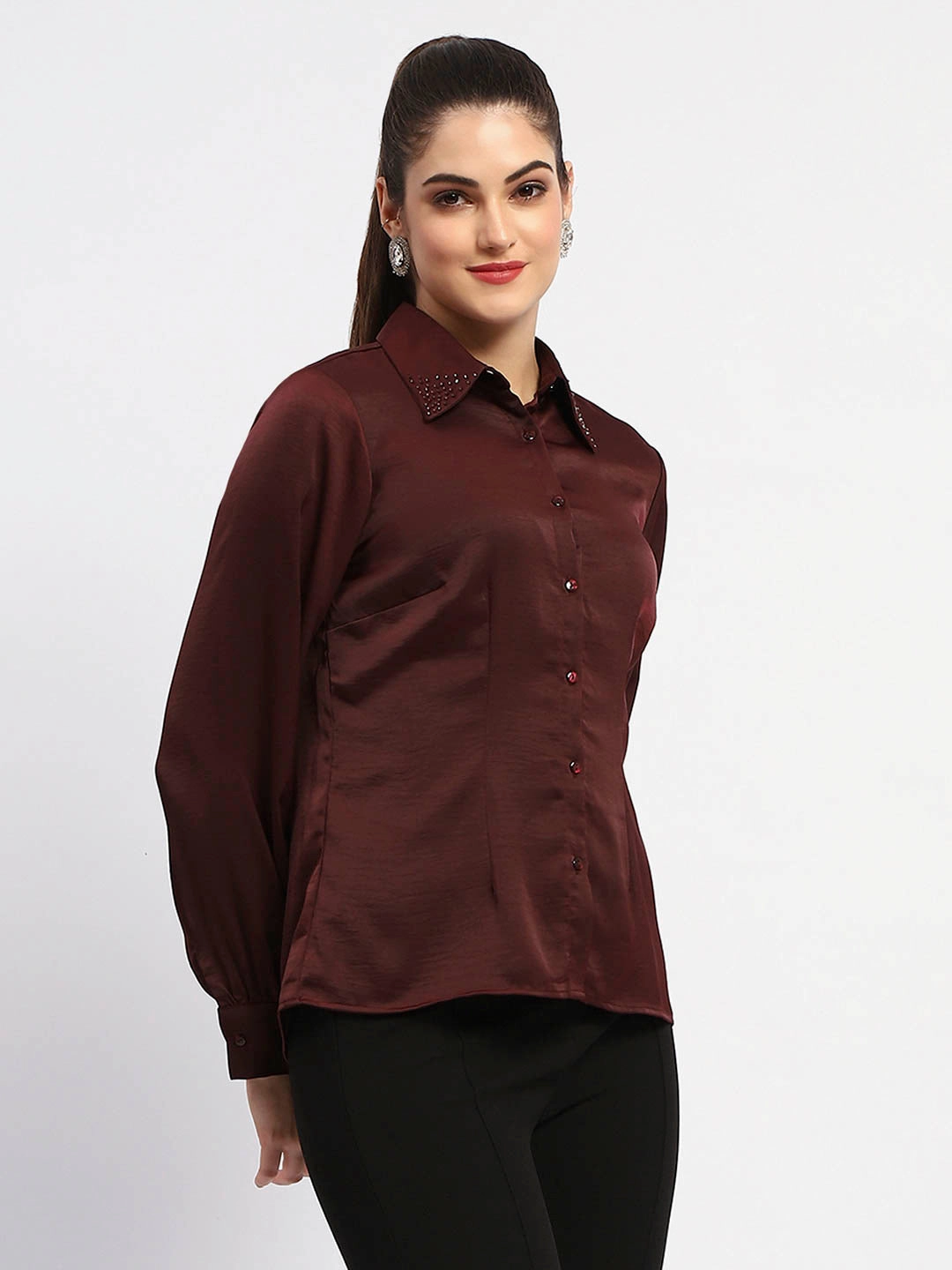 Madame Wine Embellished Collar Button-Up Shirt Perfect Wear
