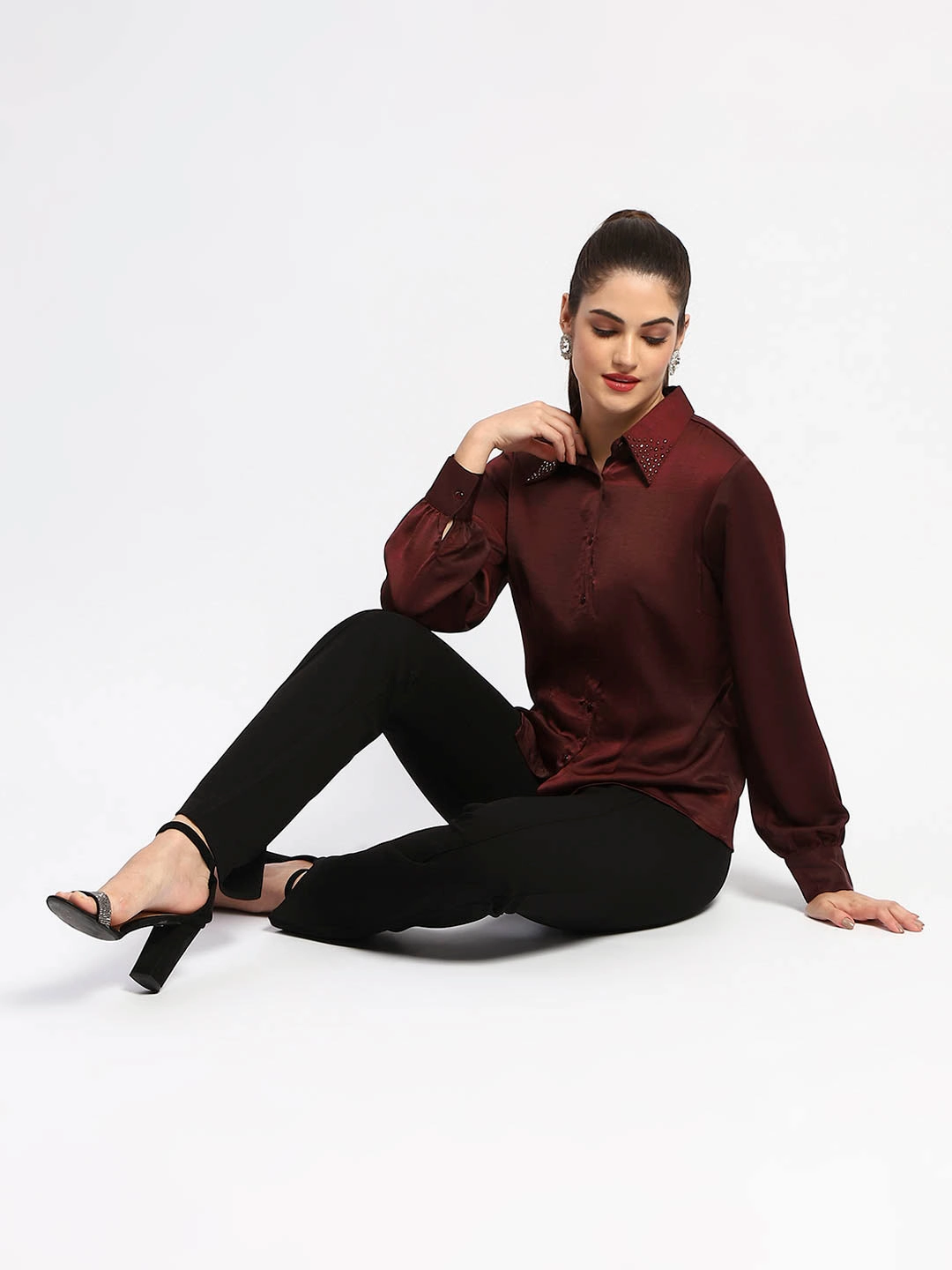 Madame Wine Embellished Collar Button-Up Shirt Tear Resistant Reinforcement