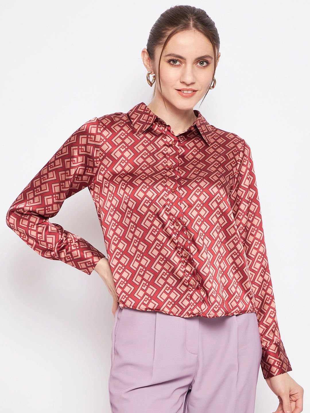 Thermoregulating Fabric Pocket Detailing Madame Women Printed Rosewood Shirt