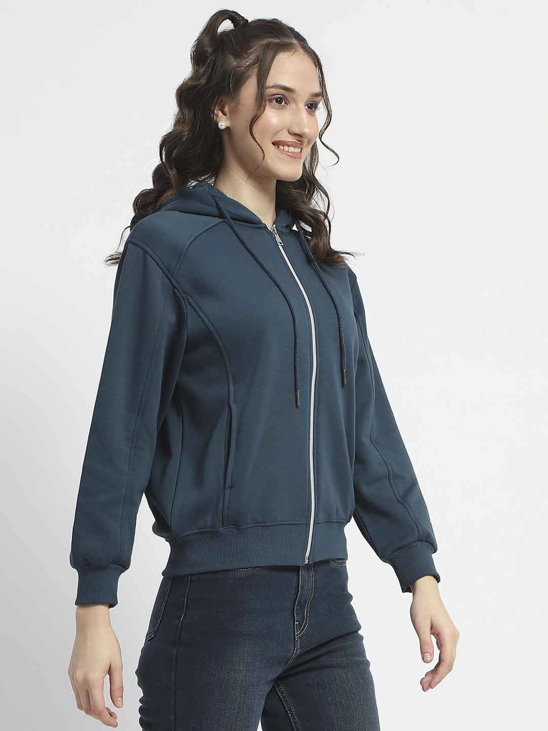 Relaxed Fashion Madame Zip and Hooded Solid Peacock Cotton Sweatshirt
