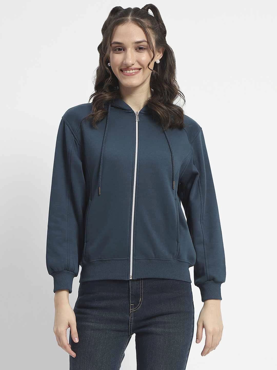 Madame Zip and Hooded Solid Peacock Cotton Sweatshirt Relaxed Hoodie