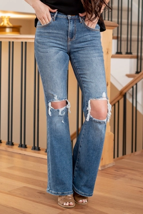 Maeve Mid Rise Distressed Flare Regular & Plus Sizes Shopping Day Vibrant Office Wear Light Outfit