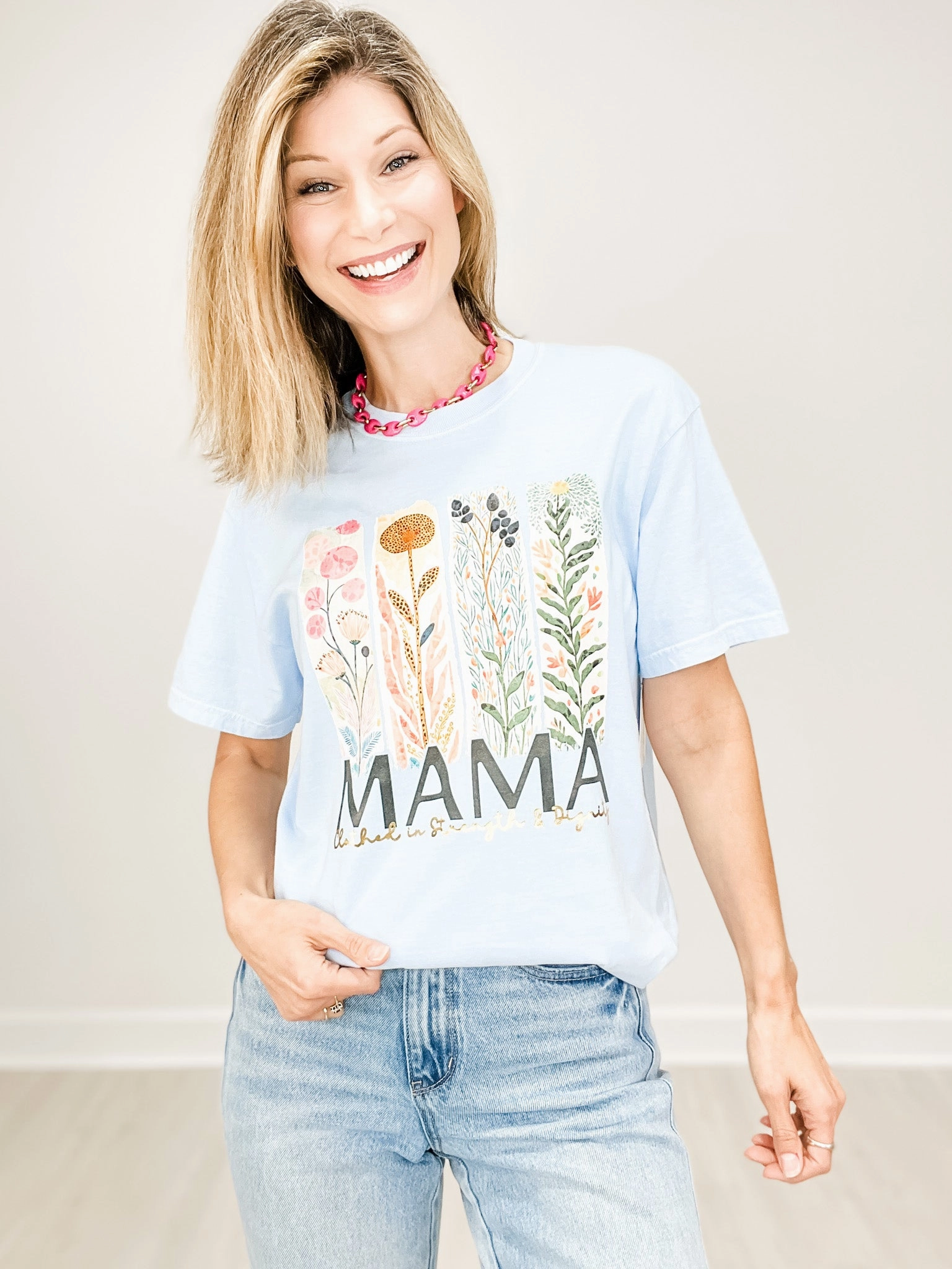 Mama Clothed in Strength Gold Foil Graphic Tee DoubleStitched Hem Classic Crew Neck