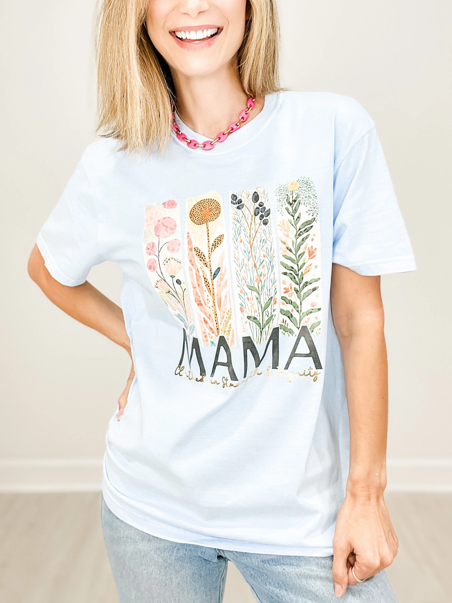 Durable Fiber Blend Mama Clothed in Strength Gold Foil Graphic Tee