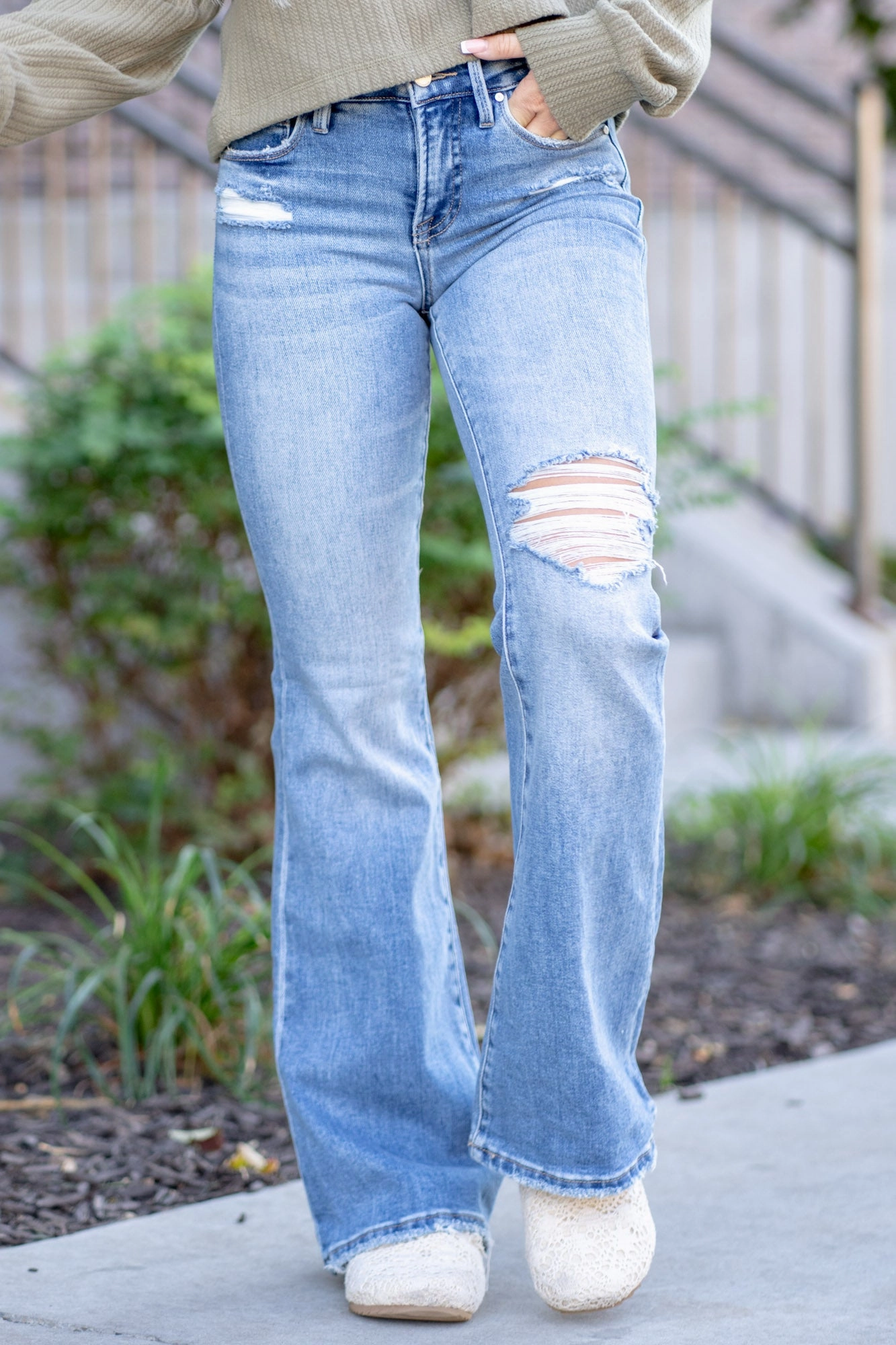 Maple Grove Tummy Control Top Mid Rise Flare Regular & Plus Sizes Relaxed Taper Stain Release Finish