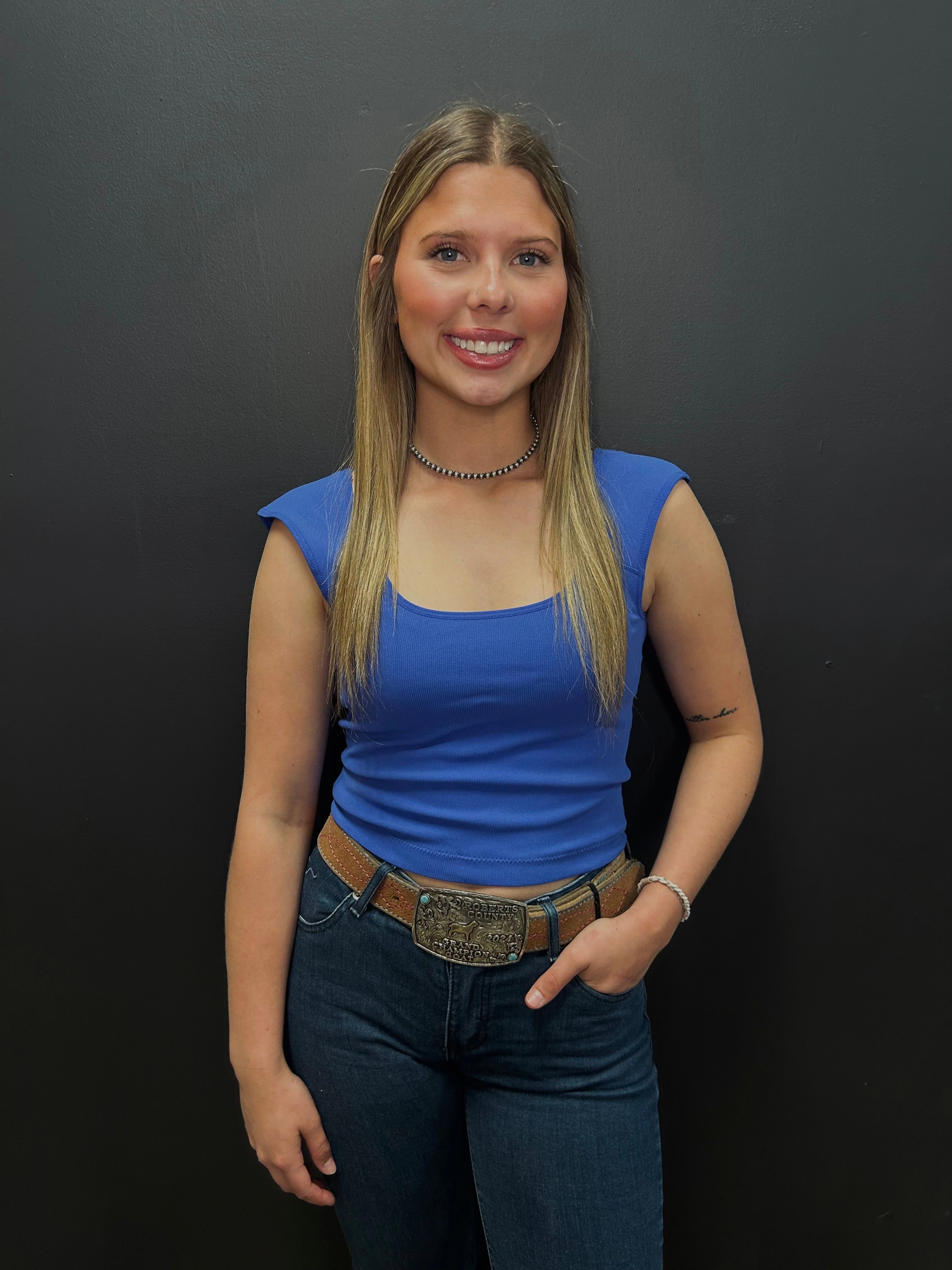 Ribbed Neckline Marine Blue Seamless Deep Scoop Back Tank Top