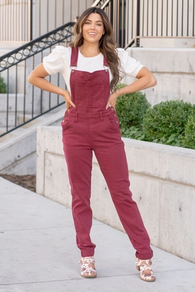 Maroon Garment Dyed High Rise Double Cuffed Overalls - Reg & Plus Casual Spring Mood Classic Wear Daily Essential