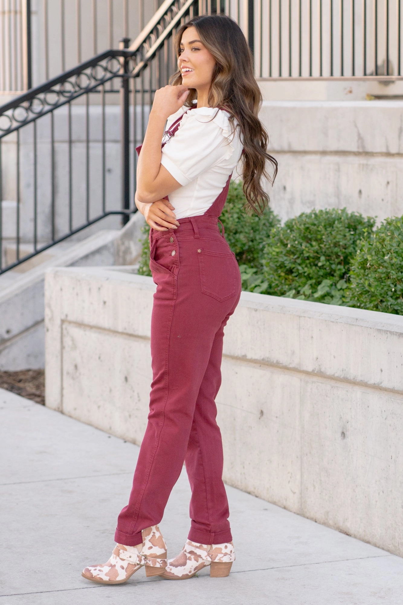 Stylish Waistband Casual Design Maroon Garment Dyed High Rise Double Cuffed Overalls - Reg & Plus