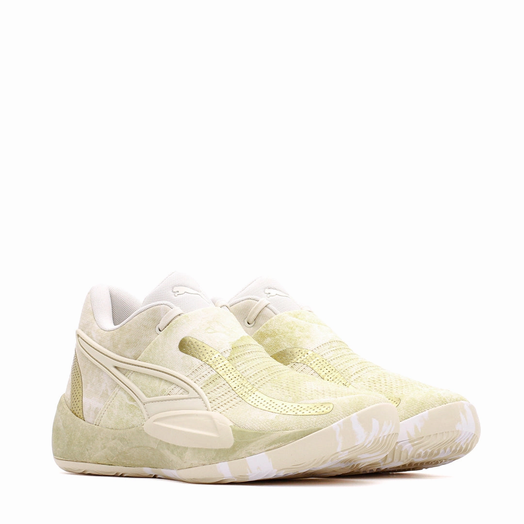 Puma Basketball Men Rise Nitro Nephrite Frosted Ivory Metallic Gold 378279-01 Lace Locking Silicone Grip Tabs