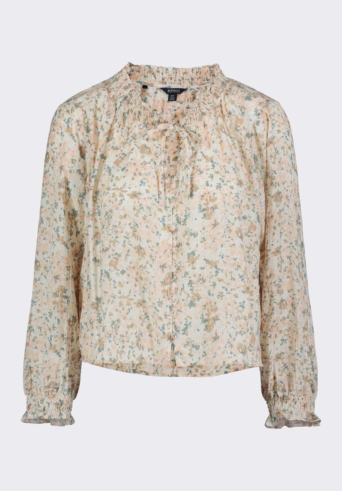 Anti Static Treatment hypoallergenic material Maylah Women's Floral Print Long-Sleeve Smocked Blouse, Tan Floral - WT0174P