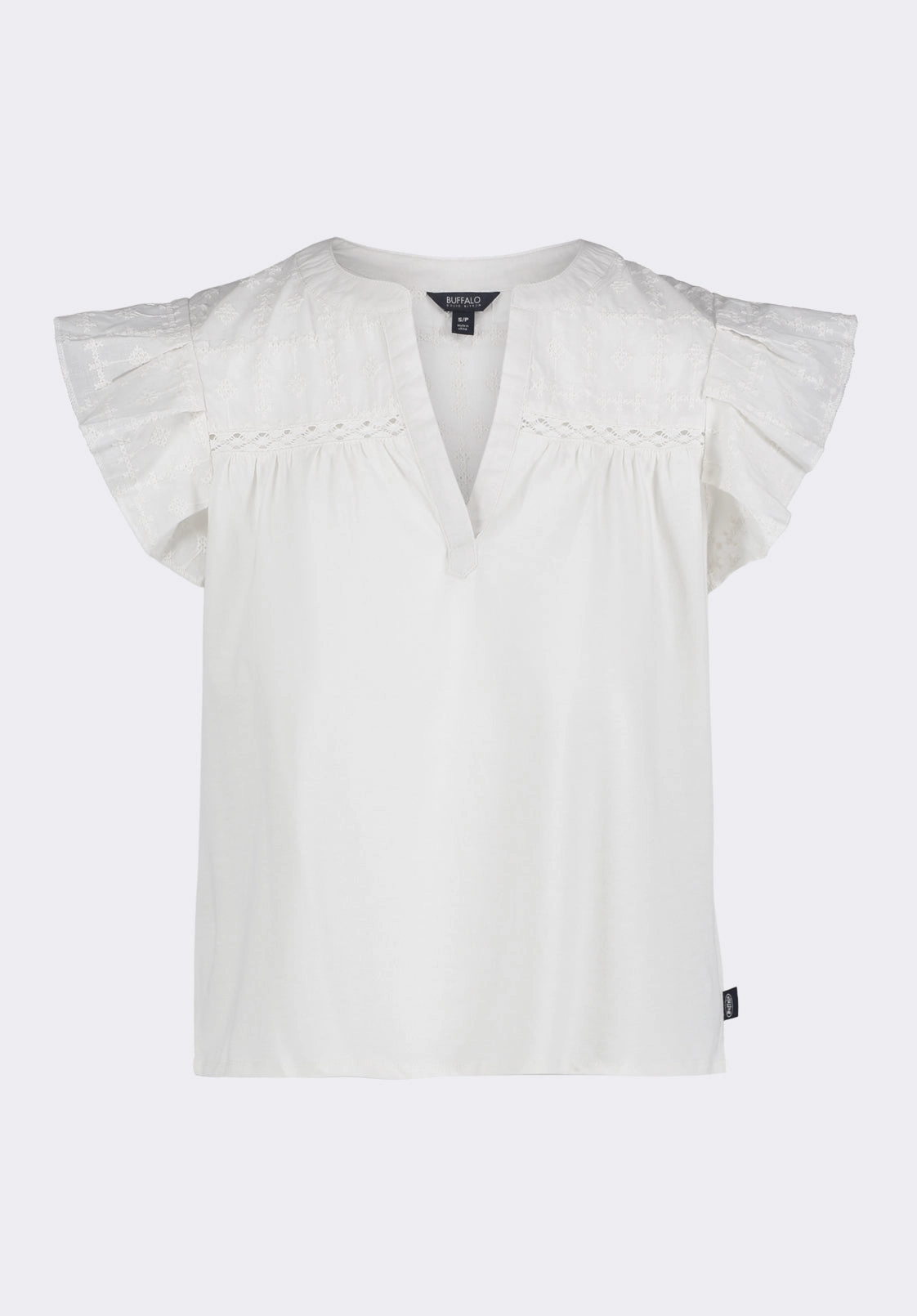 Mckaylie Women's Split Neck Flutter Sleeve Top with Embroidered Lace Details, White - KT0210P Flexible Hemline