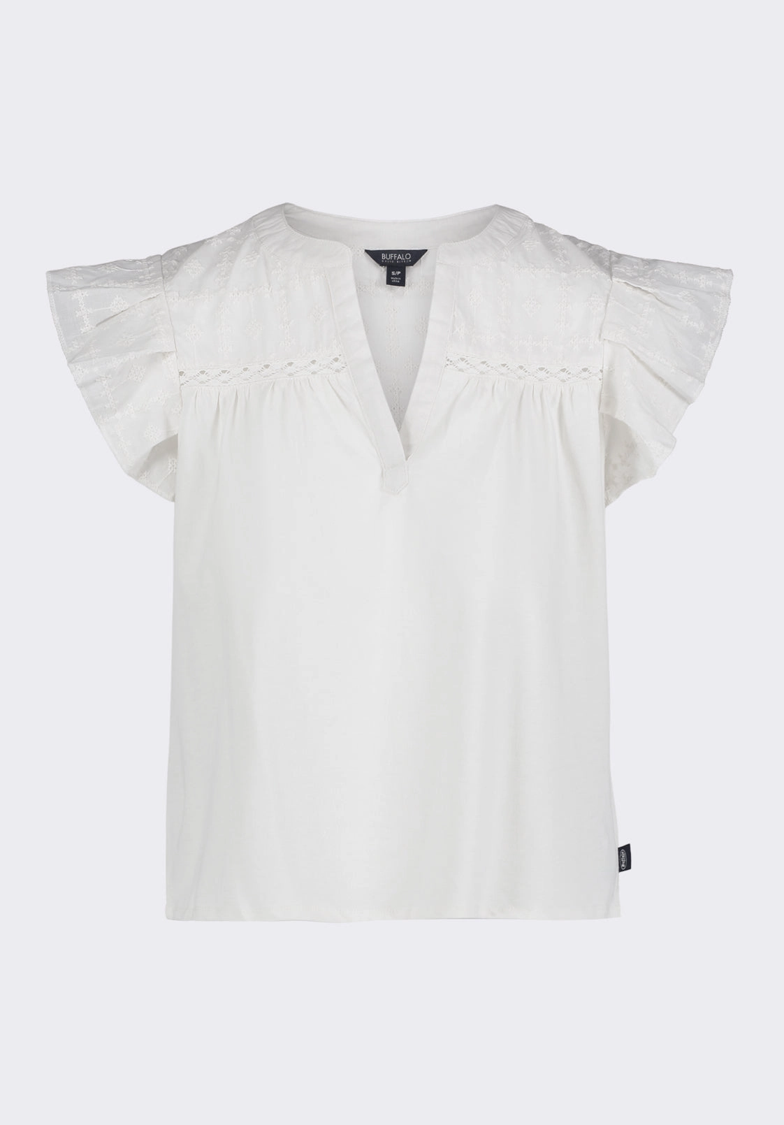Mckaylie Women's Split Neck Flutter Sleeve Top with Embroidered Lace Details, White - KT0210P Flexible Ribbed Cuffs