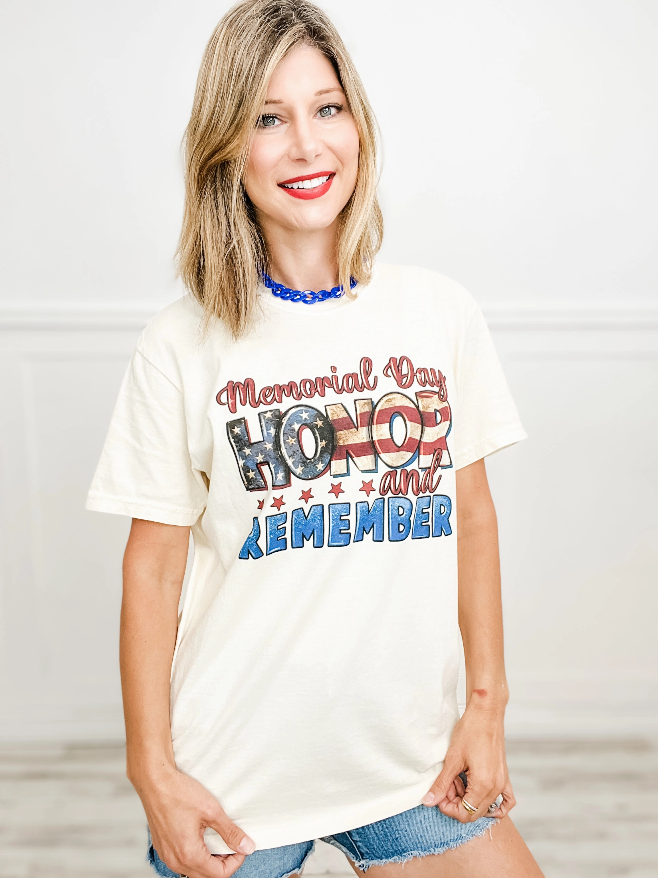 DoubleLayered Neckline Memorial Day Honor and Remember Graphic Tee