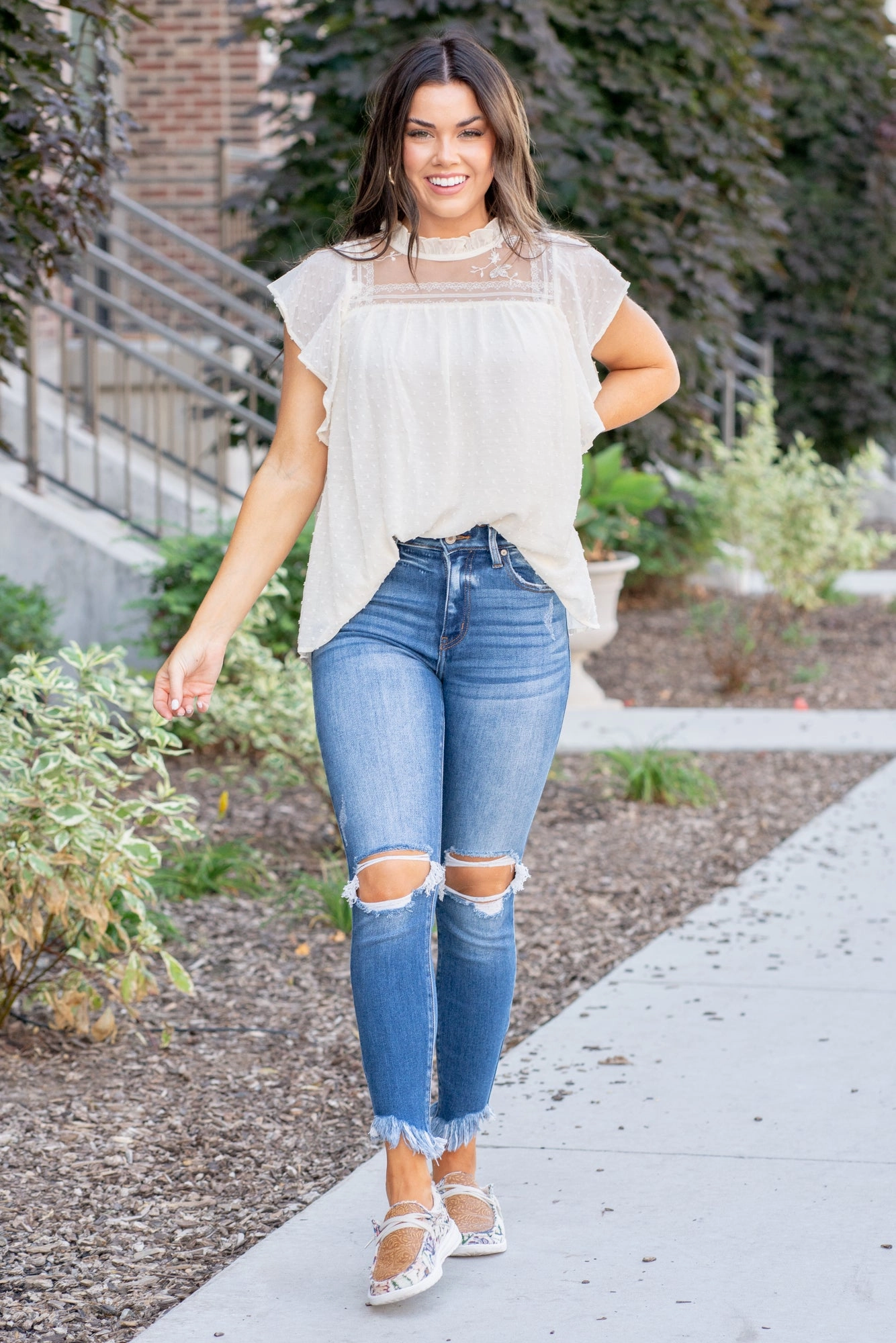 Neutral Tones Fashionable Touch Mesa High Rise Fray Hem Ankle Skinny