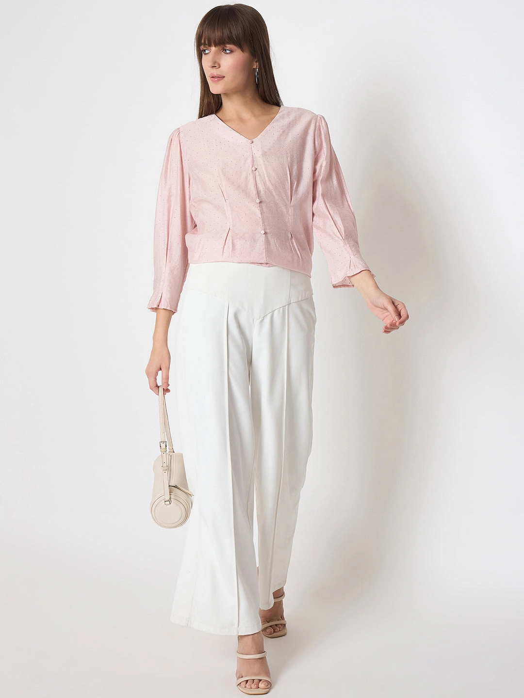 Basic Tee Madame Nylon Swarovski Dart Detailed Peach Top