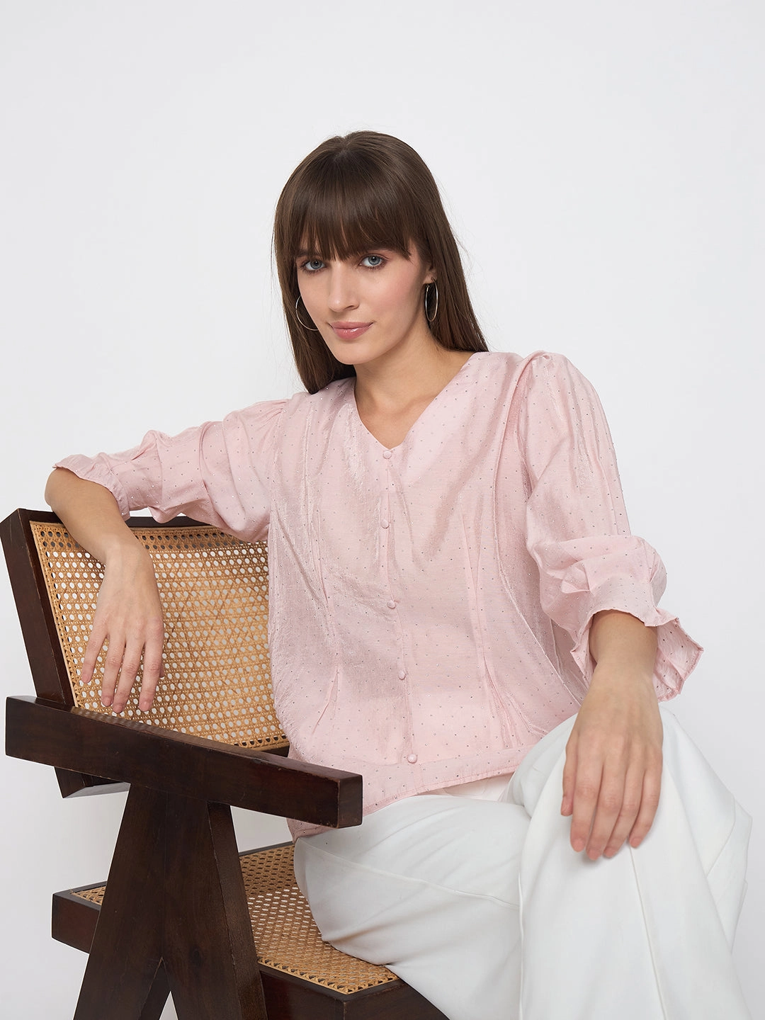 Madame Nylon Swarovski Dart Detailed Peach Top Ventilated Panel Design Fashionable Shirt