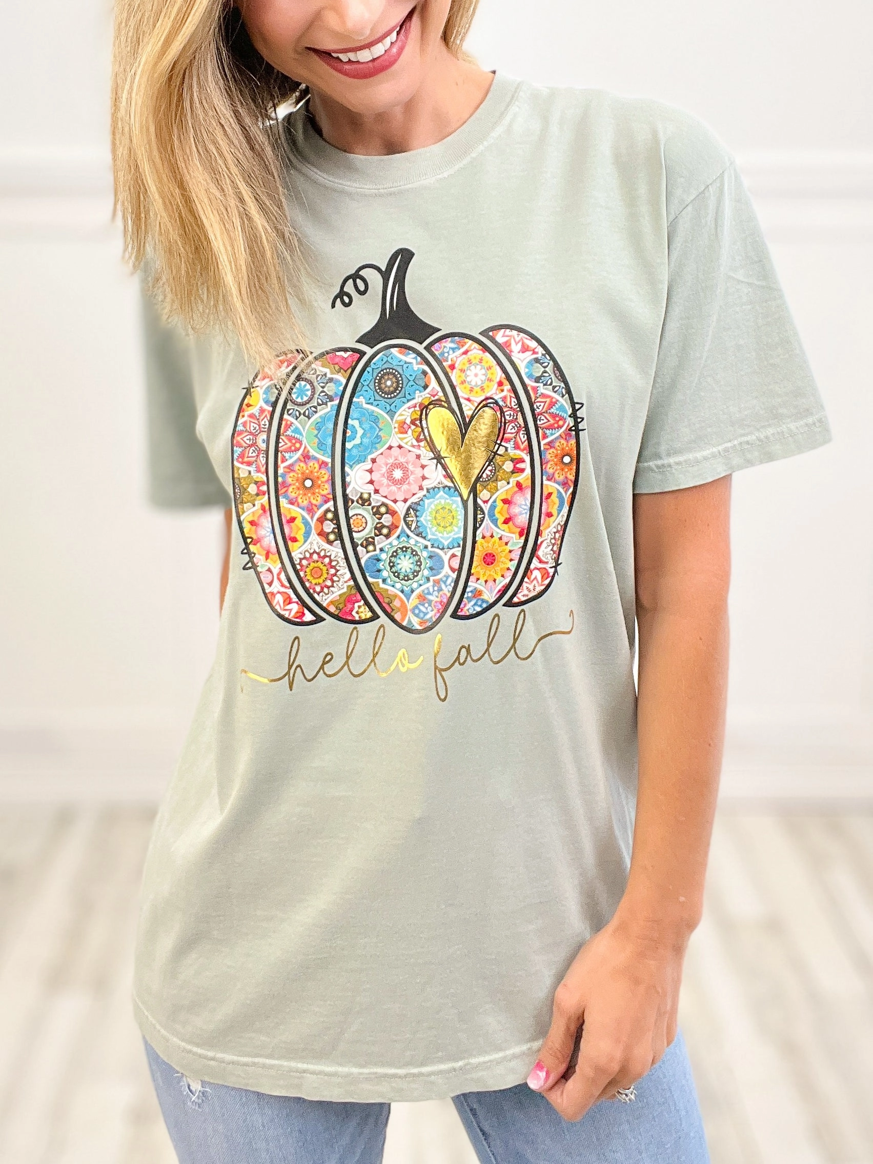 HypoallergenicConstruction Soft Wool Hello Fall Pumpkin Embellished Thanksgiving Graphic Tee