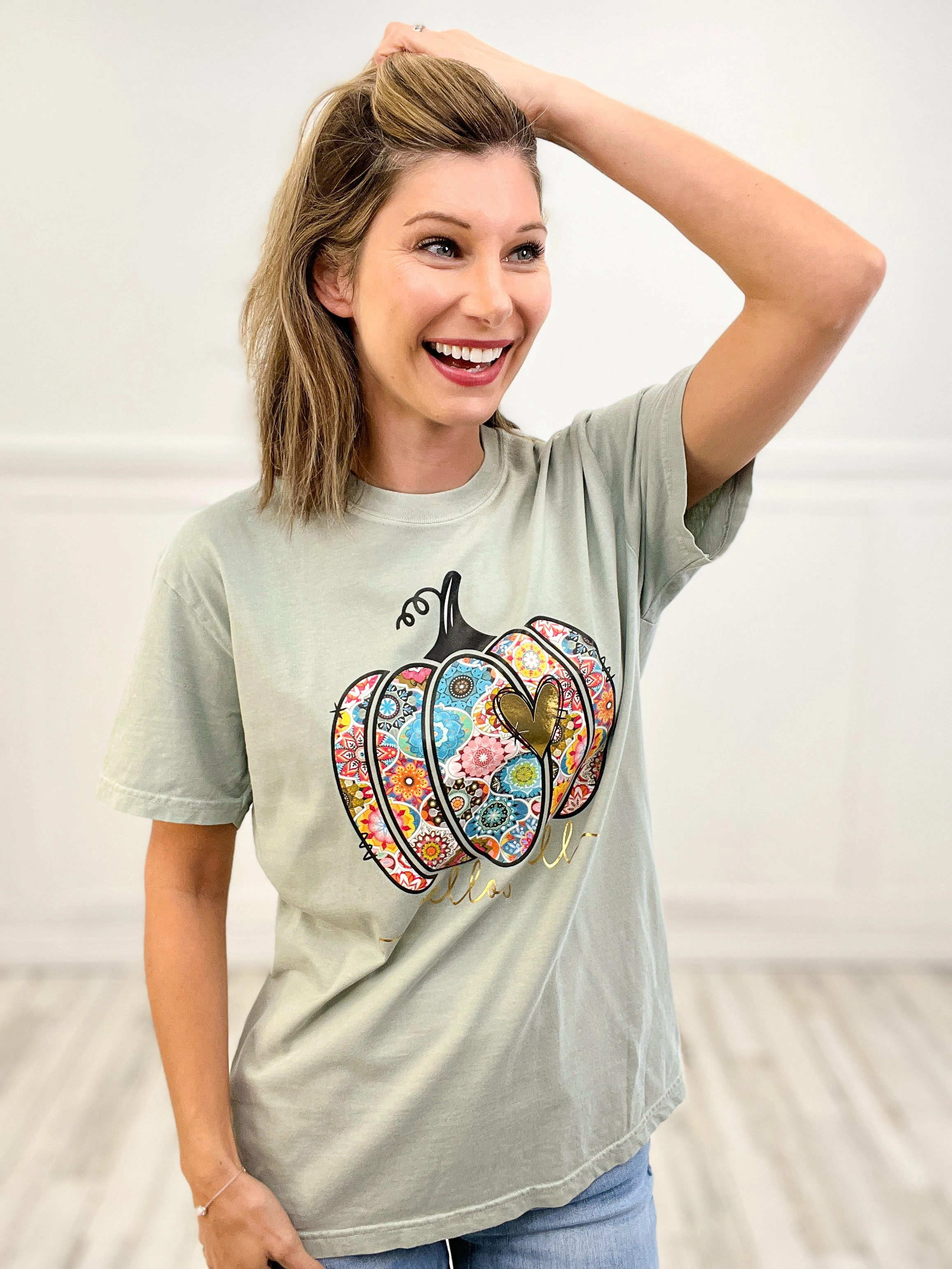 Loose Sweater Breathable Linen Blend Hello Fall Pumpkin Embellished Thanksgiving Graphic Tee