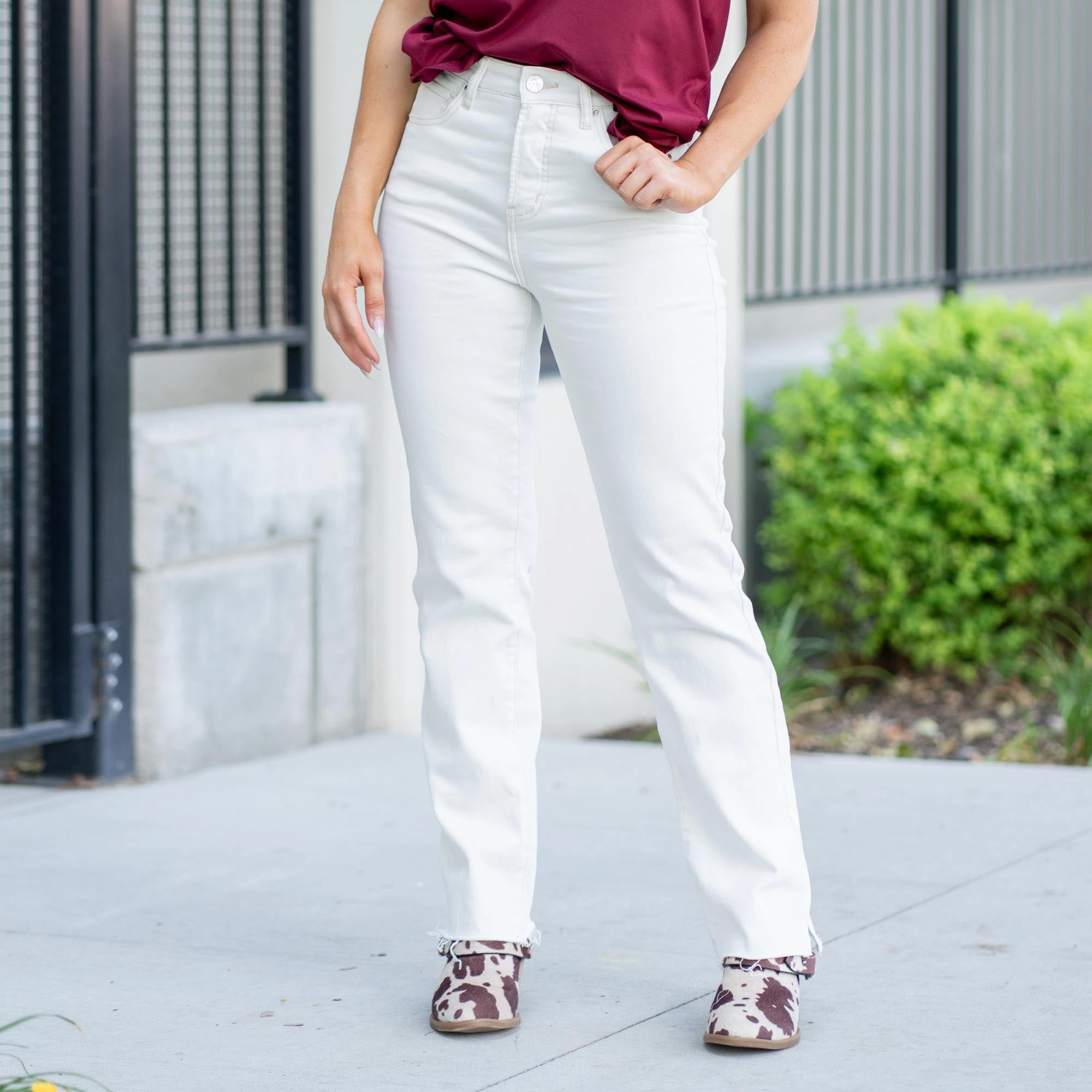 Spring in Step Tummy Control Top High Rise Raw Hem Straight Leg Regular & Plus Sizes Earthy Music Event Spring Mood Party Look Classic