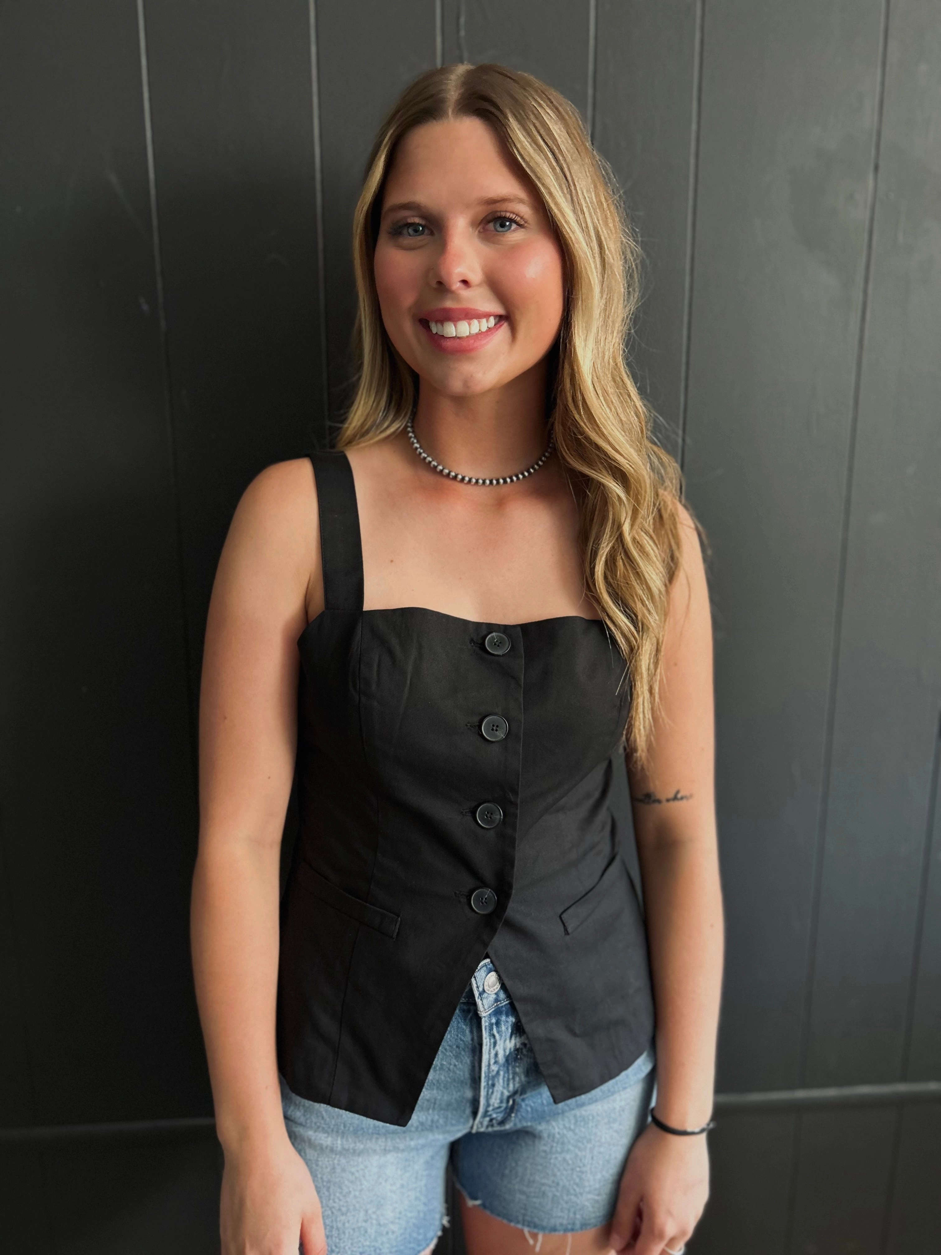 Black Square Neck Sleeveless Button Down Blouse Stretchy Top AllClimateAdaptive