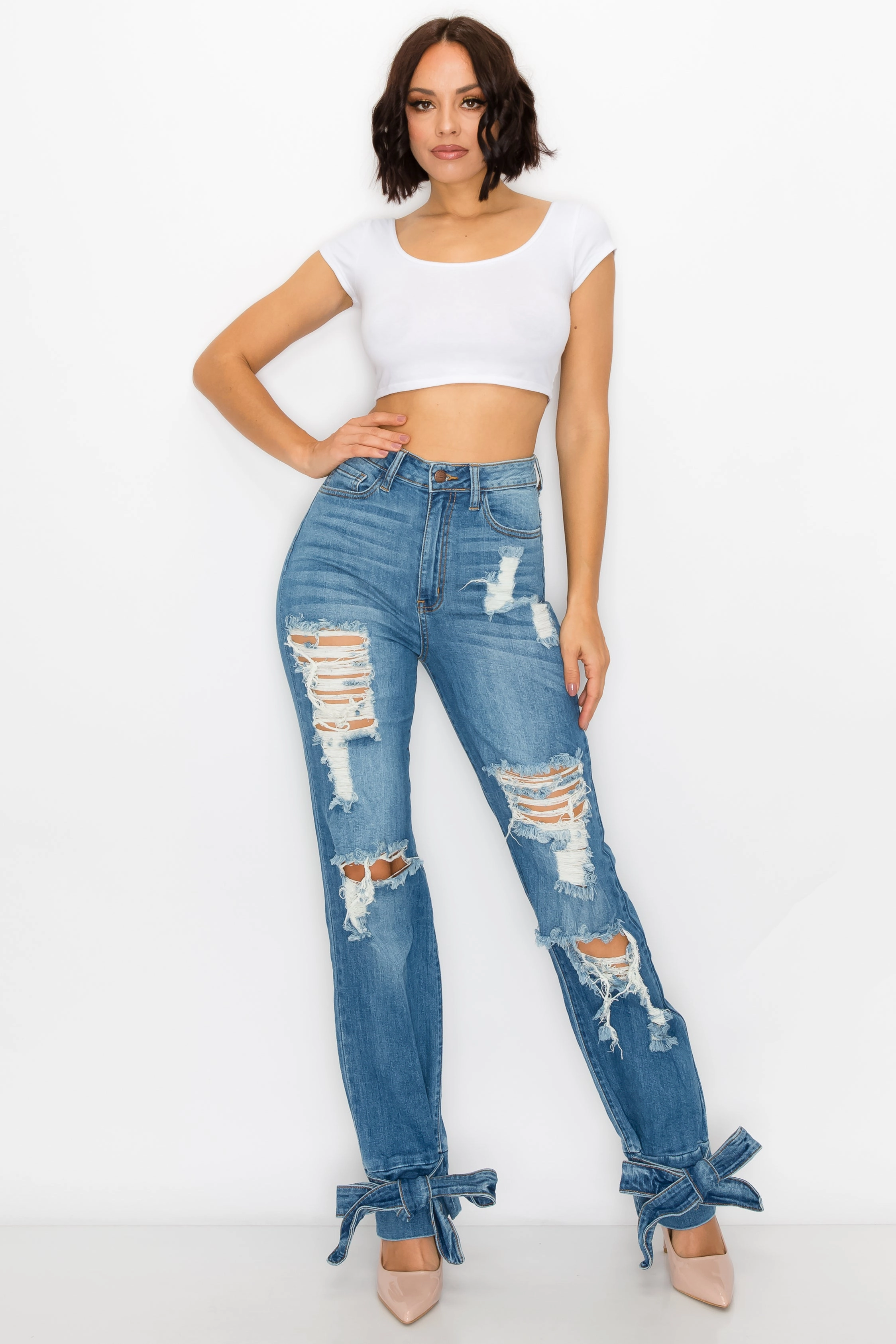 Festival Outfit Comfy 40029 Women's High Waisted Distressed Ankle Ties Wide Leg Jeans