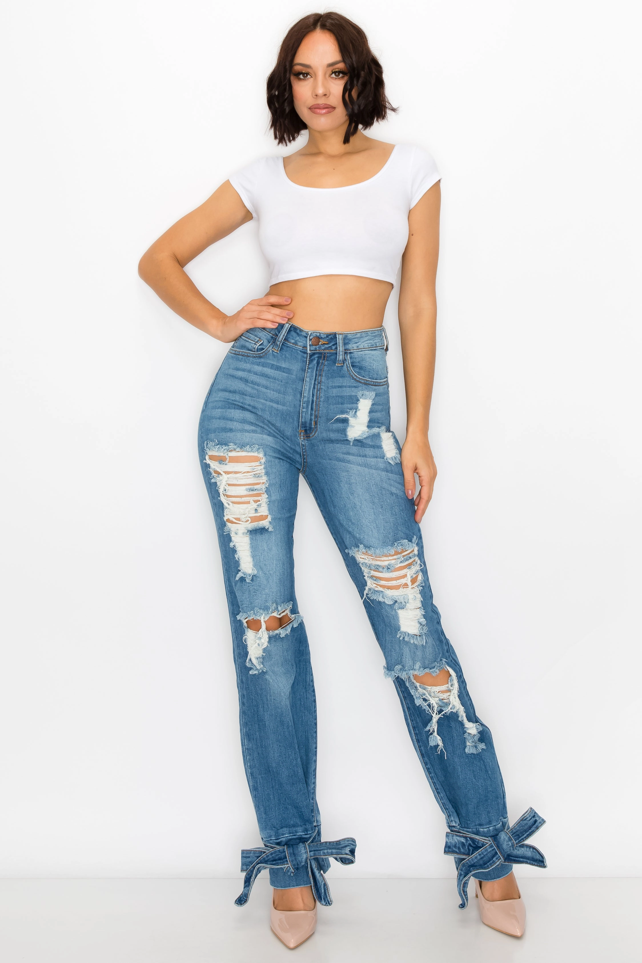 40029 Women's High Waisted Distressed Ankle Ties Wide Leg Jeans Tailored Design Acid Wash Effect