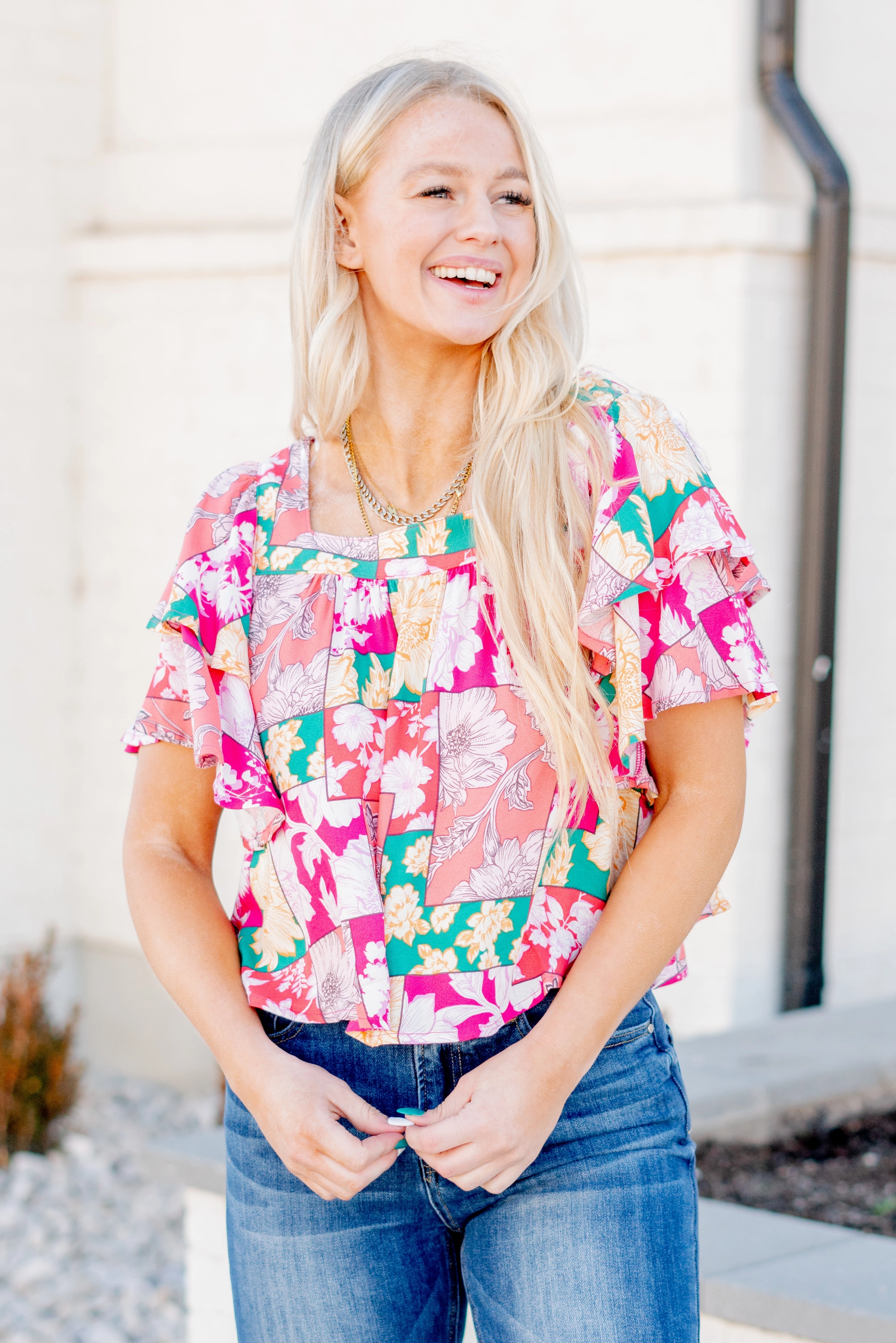 Anti Odor Treatment Floral Print Ruffle Sleeve Top