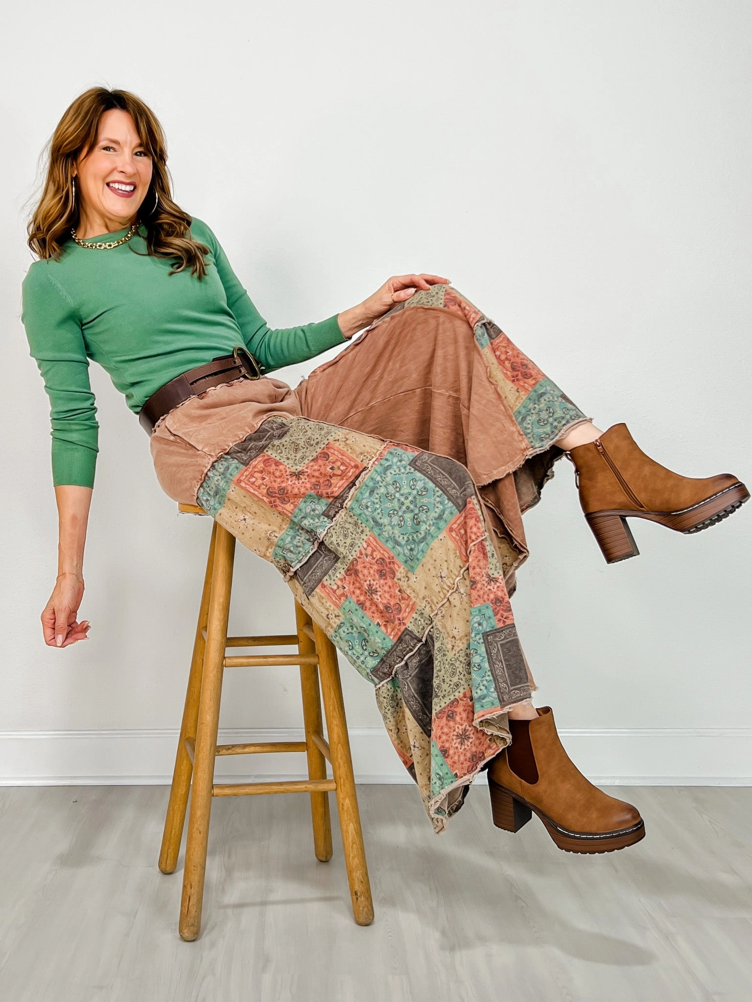 Flexible Layer Mineral Washed Boho Patch Tiered Wide Pants