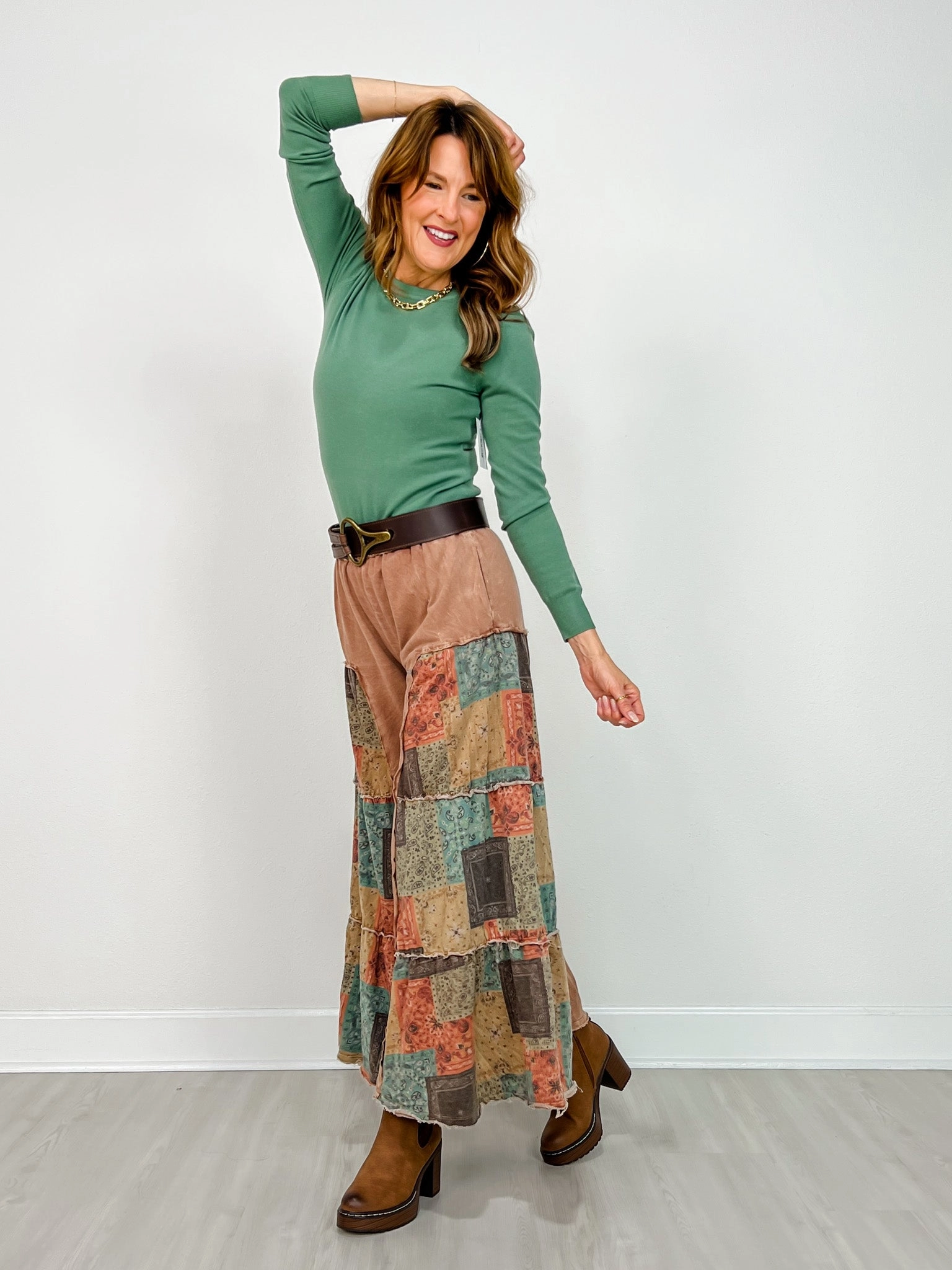 Mineral Washed Boho Patch Tiered Wide Pants Minimal Design Casual Comfort Wear