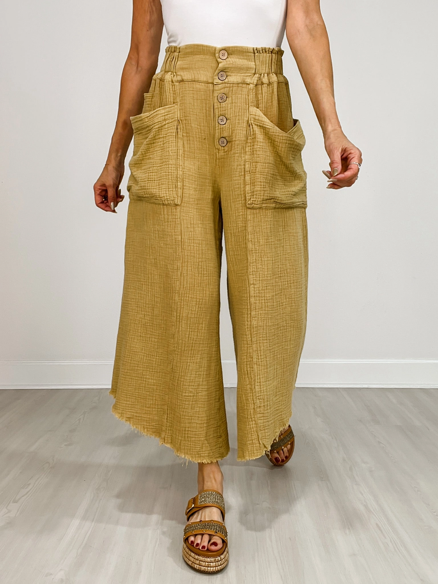 Mineral Washed Linen Frayed Hem Wide Leg Pants Stretchable Waist