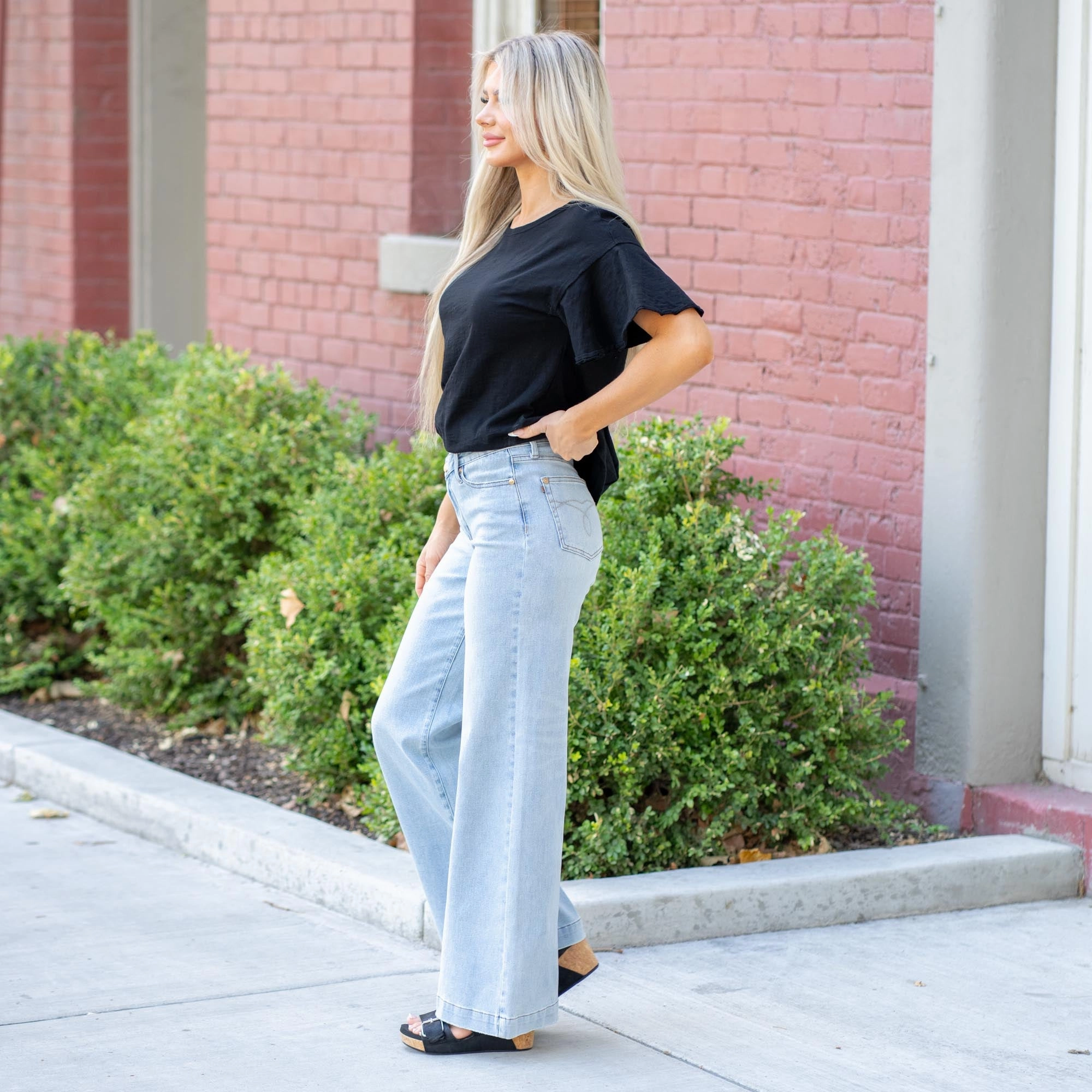 Judy Blue Retro Cross High Waist Wide Leg Jeans Regular & Plus Sizes Light Blue Wash Relaxed Style Neutral