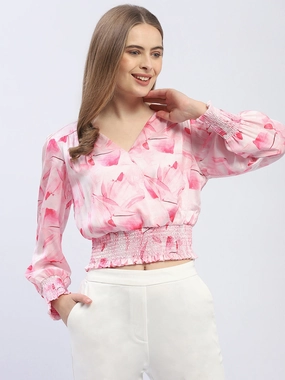 Madame V-Neck Pink Cinched Waist Crop Top EcoCertified AdvancedAirflowChannels